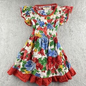 Emily West Dress Girls 5 Multicolor Floral Festive S/S Buttons Ruffles USA VTG